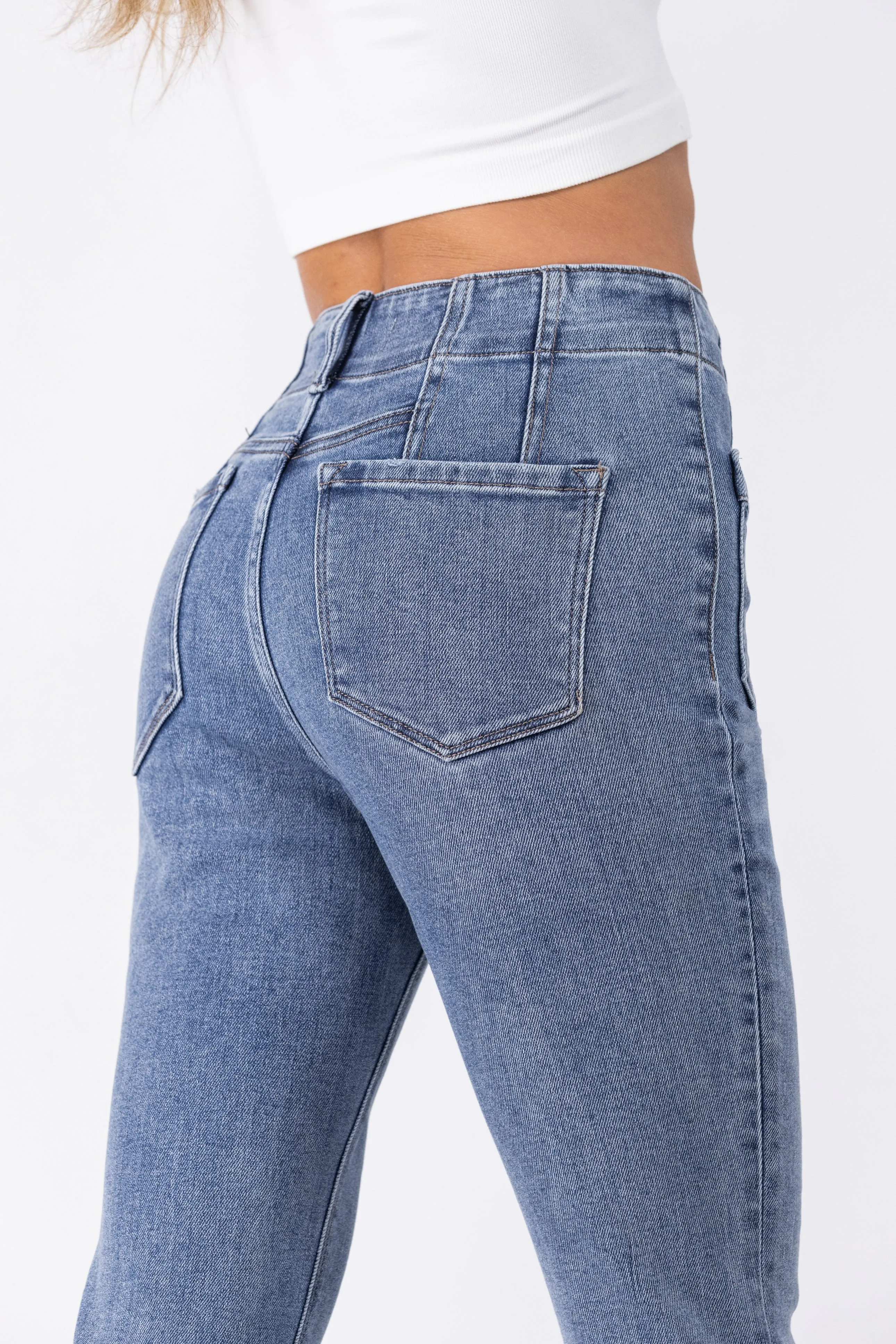 2 LENGTHS The Brooklyn from Lovervet: ALB Exclusive High-Rise Flare Denim featuring Patch Pockets Dart Detail