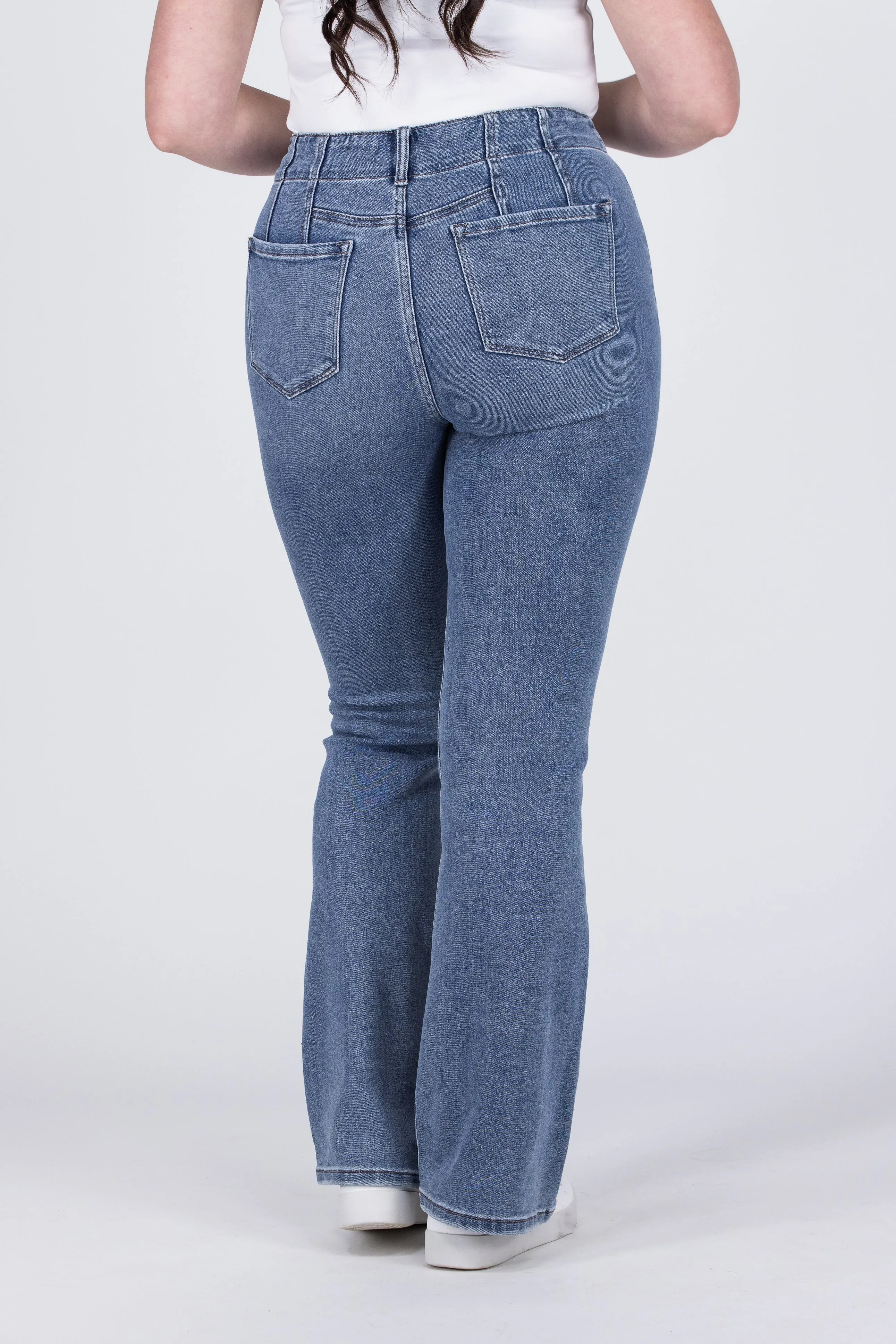 2 LENGTHS The Brooklyn from Lovervet: ALB Exclusive High-Rise Flare Denim featuring Patch Pockets Dart Detail