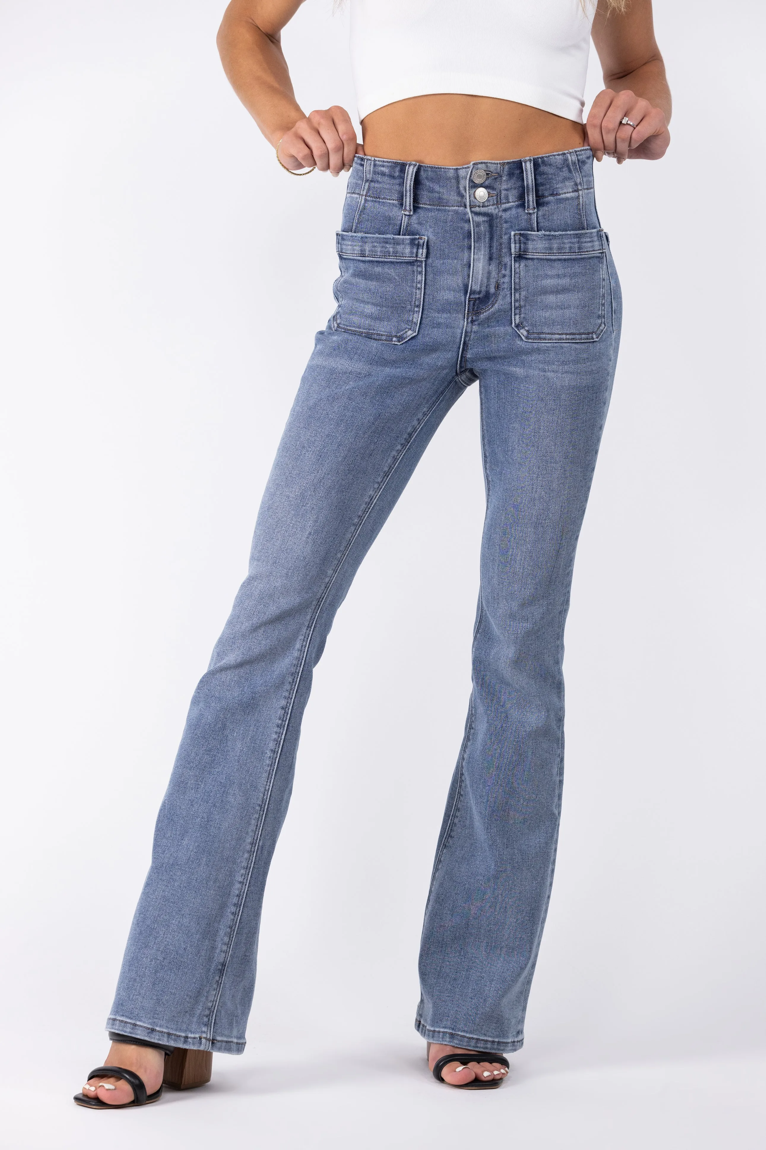 2 LENGTHS The Brooklyn from Lovervet: ALB Exclusive High-Rise Flare Denim featuring Patch Pockets Dart Detail