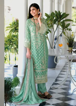 Aqua Green Soft Organza Embroidered Pant Style Salwar Suit