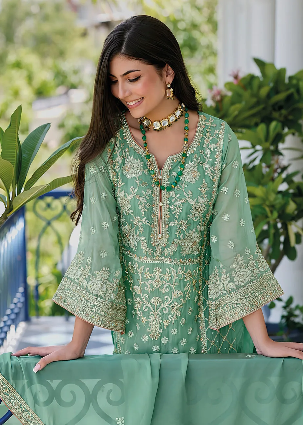 Aqua Green Soft Organza Embroidered Pant Style Salwar Suit