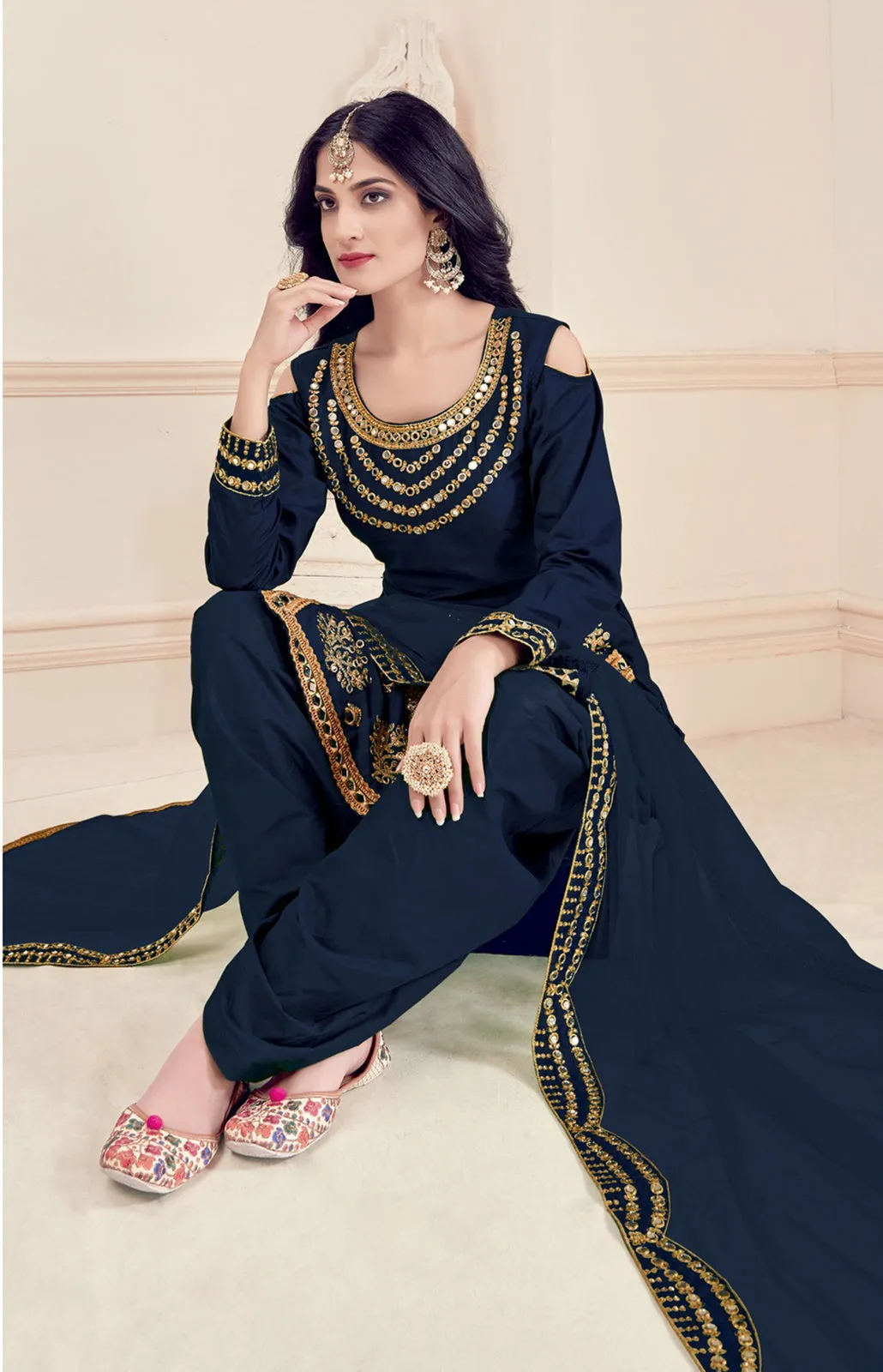 Art Silk Navy Blue Embroidered Punjabi Patiala Suit