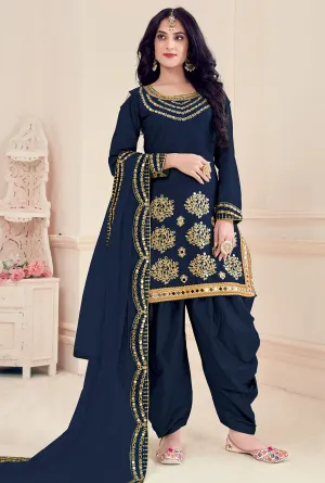 Art Silk Navy Blue Embroidered Punjabi Patiala Suit