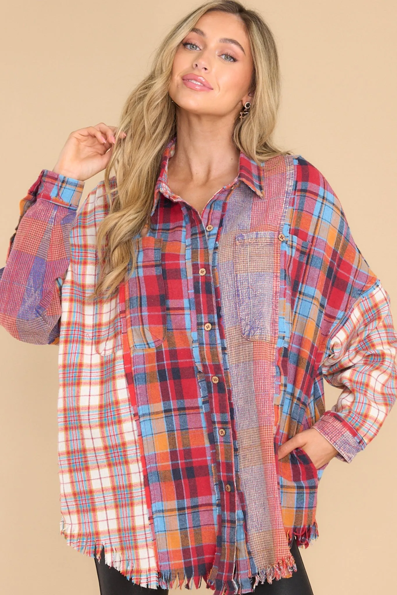 At The Bonfire Red Multi Plaid Top