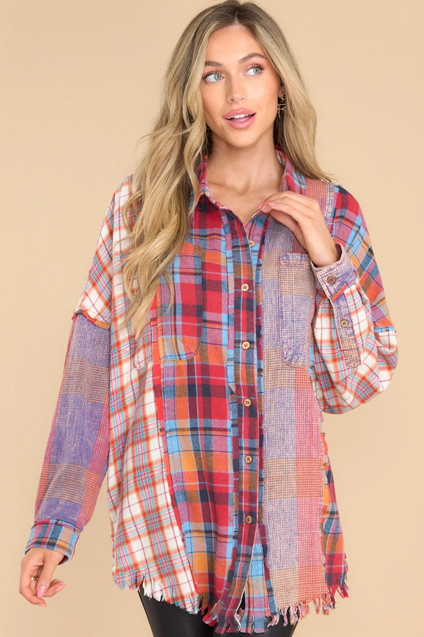 At The Bonfire Red Multi Plaid Top