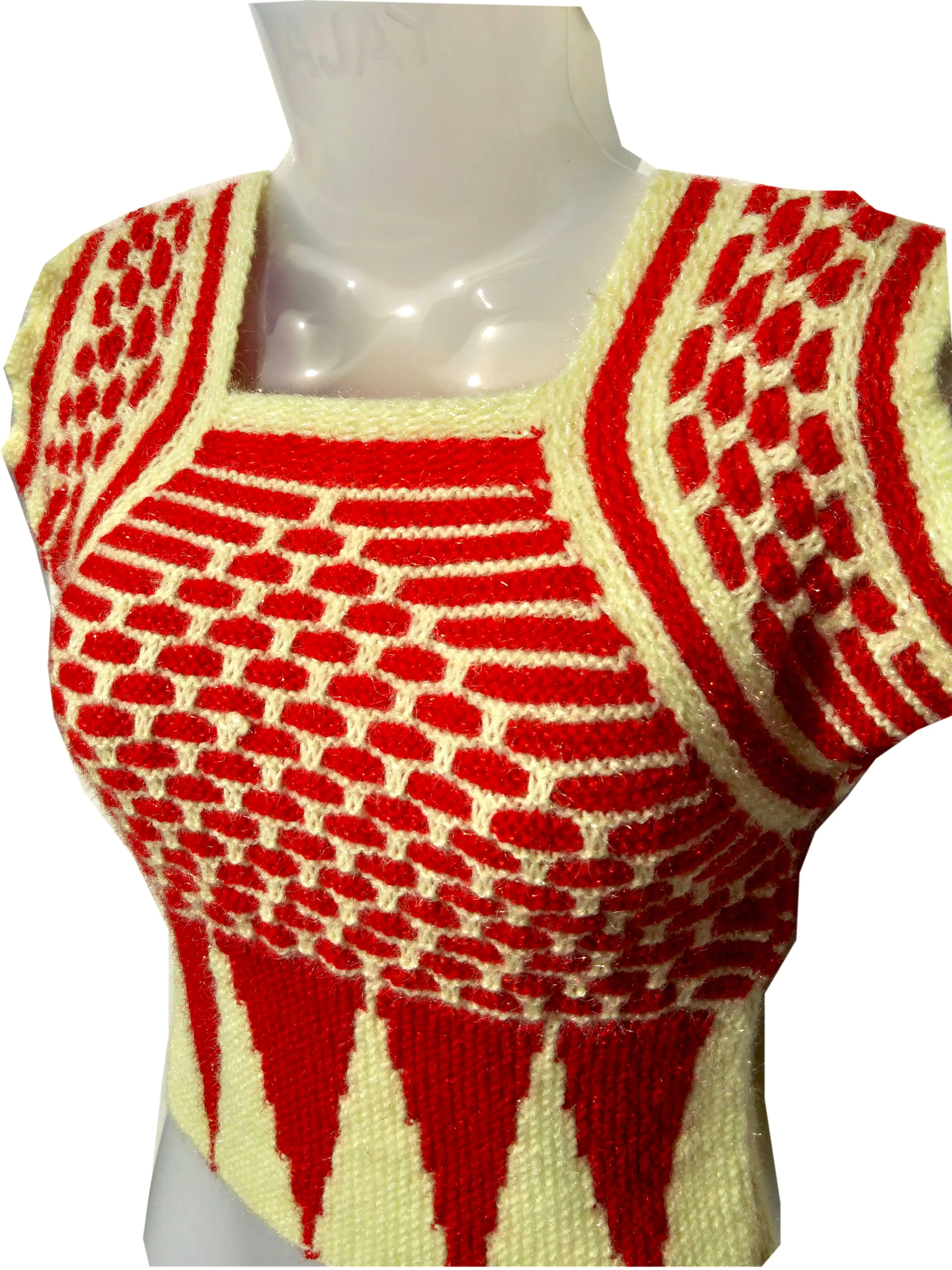 Beautiful Graminarts Self Design Handmade Knitted Woolen Ladies Blouse- Red & Cream