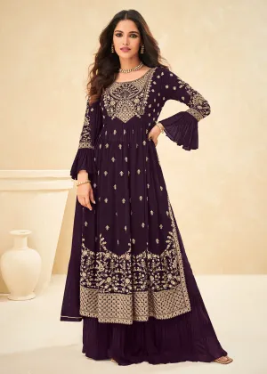 Beautifully Embroidered Plum Purple Festive Palazzo Suit