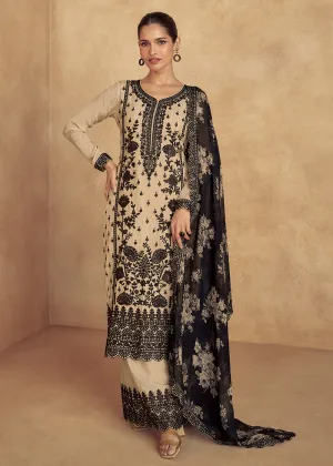 Beige Embroidered Lucknowi Style Palazzo Suit