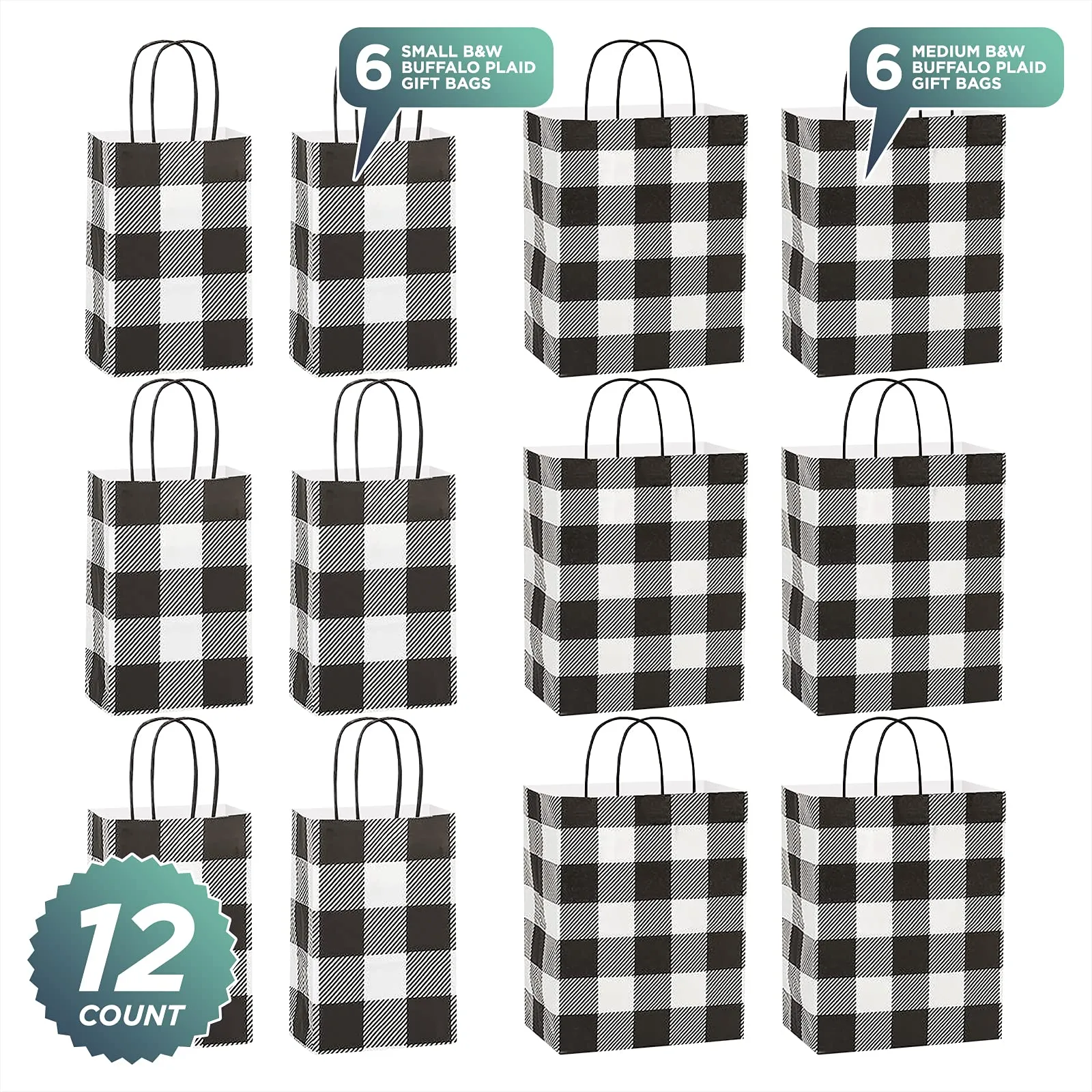 Black & White Buffalo Plaid Fall and Christmas Holiday Paper Gift Bags, Small Size 5.5x3.25x8.5" (12 Pack)