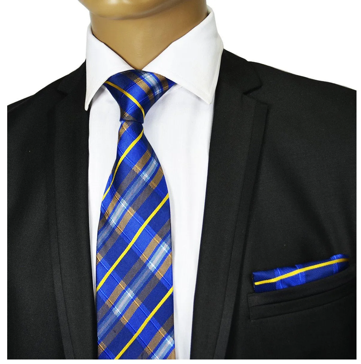 Blue and Yellow Plaid Silk Tie and Pocket Square