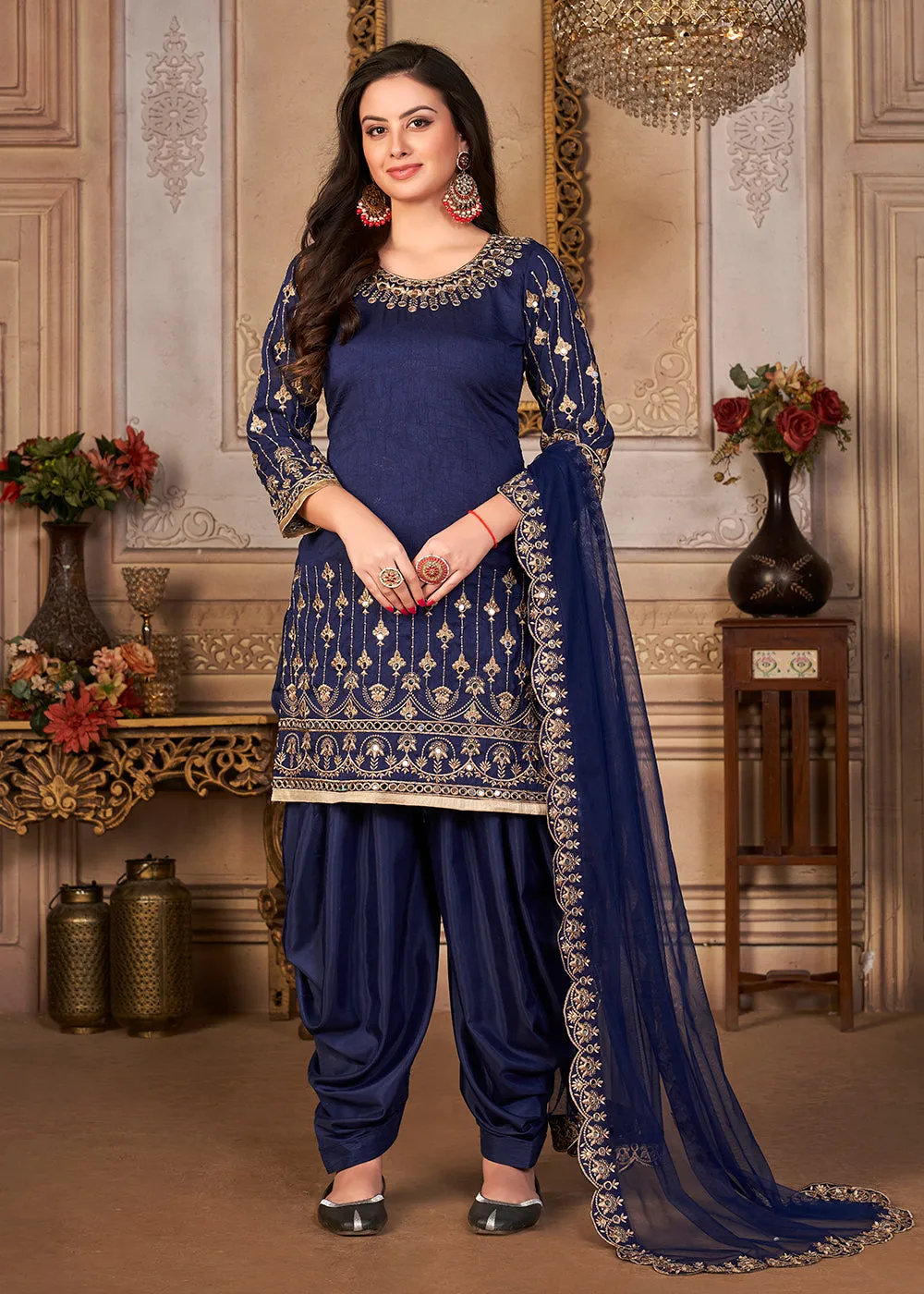 Blue Patiala Style Silk Crafted Punjabi Salwar Suit