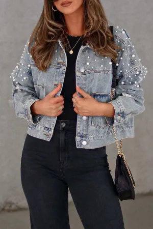 Casual Solid Beading Turndown Collar Long Sleeve Denim Jacket(3 Colors)