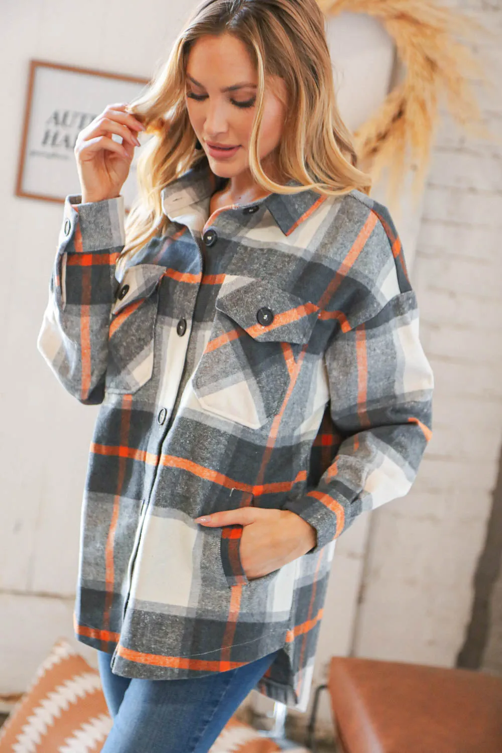 Charcoal Plaid Flannel Button Down Oversized Jacket