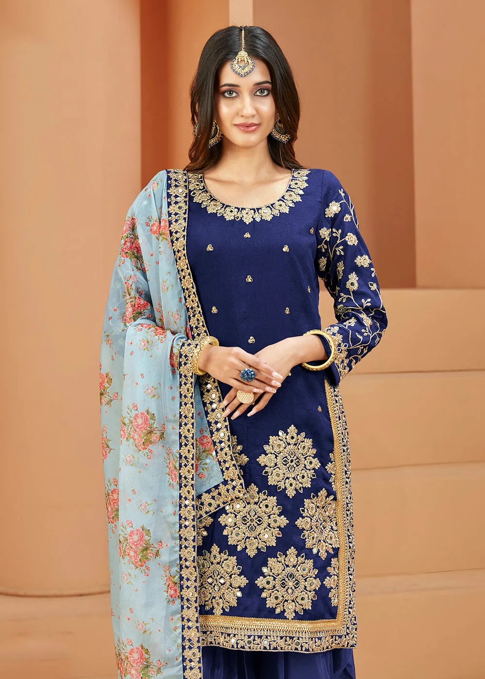 Charming Art Silk Blue Mirror Embroidered Patiala Salwar Kameez