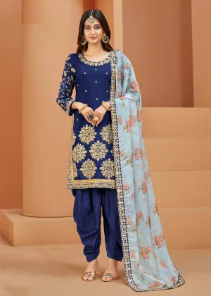 Charming Art Silk Blue Mirror Embroidered Patiala Salwar Kameez