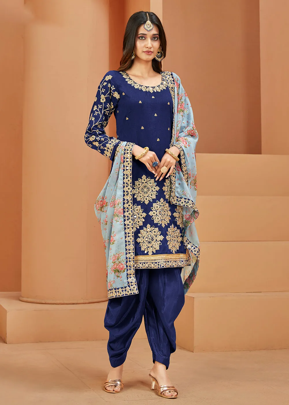 Charming Art Silk Blue Mirror Embroidered Patiala Salwar Kameez