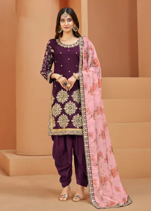 Charming Art Silk Purple Mirror Embroidered Patiala Salwar Kameez