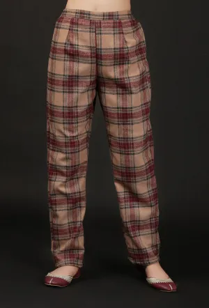 Chestnut Brown Woven Tartan Checks Woolen Straight Pants