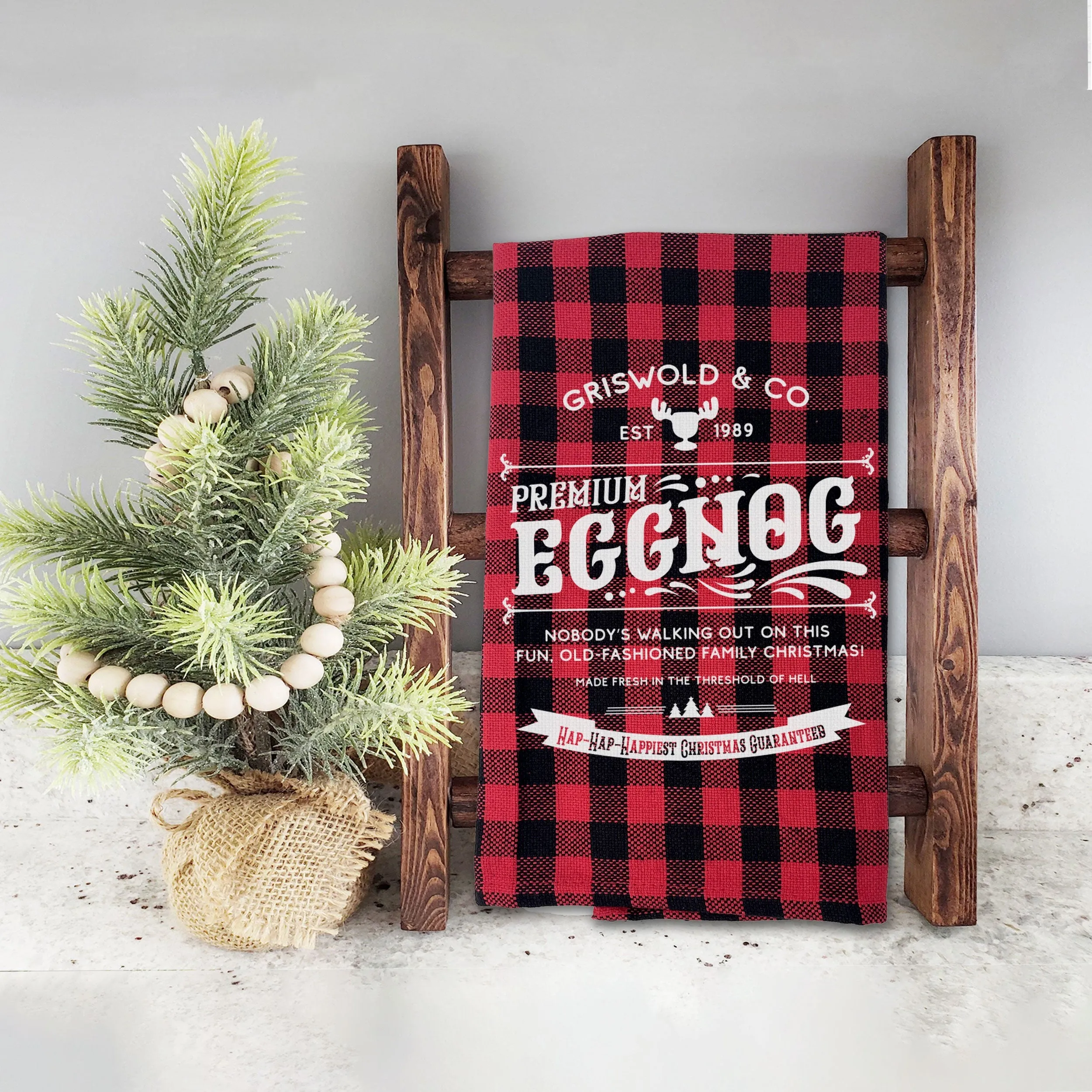 Christmas Vacation inspired tea towel Griswold & Co Eggnog tea towel novelty christmas tea towel black red buffalo plaid