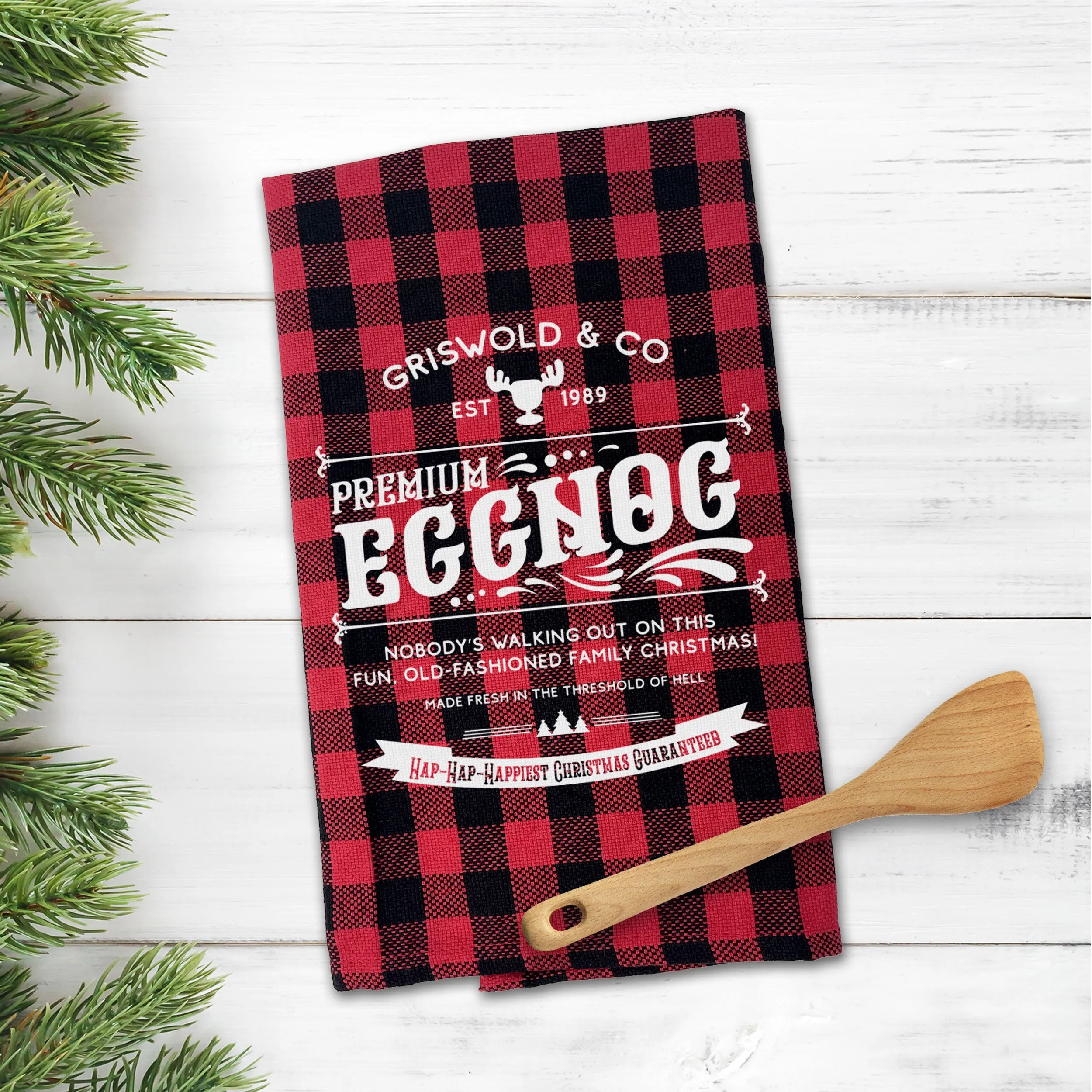 Christmas Vacation inspired tea towel Griswold & Co Eggnog tea towel novelty christmas tea towel black red buffalo plaid