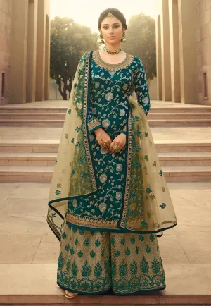 Classy Teal Green Jacquard Silk Embroidered Palazzo Suit