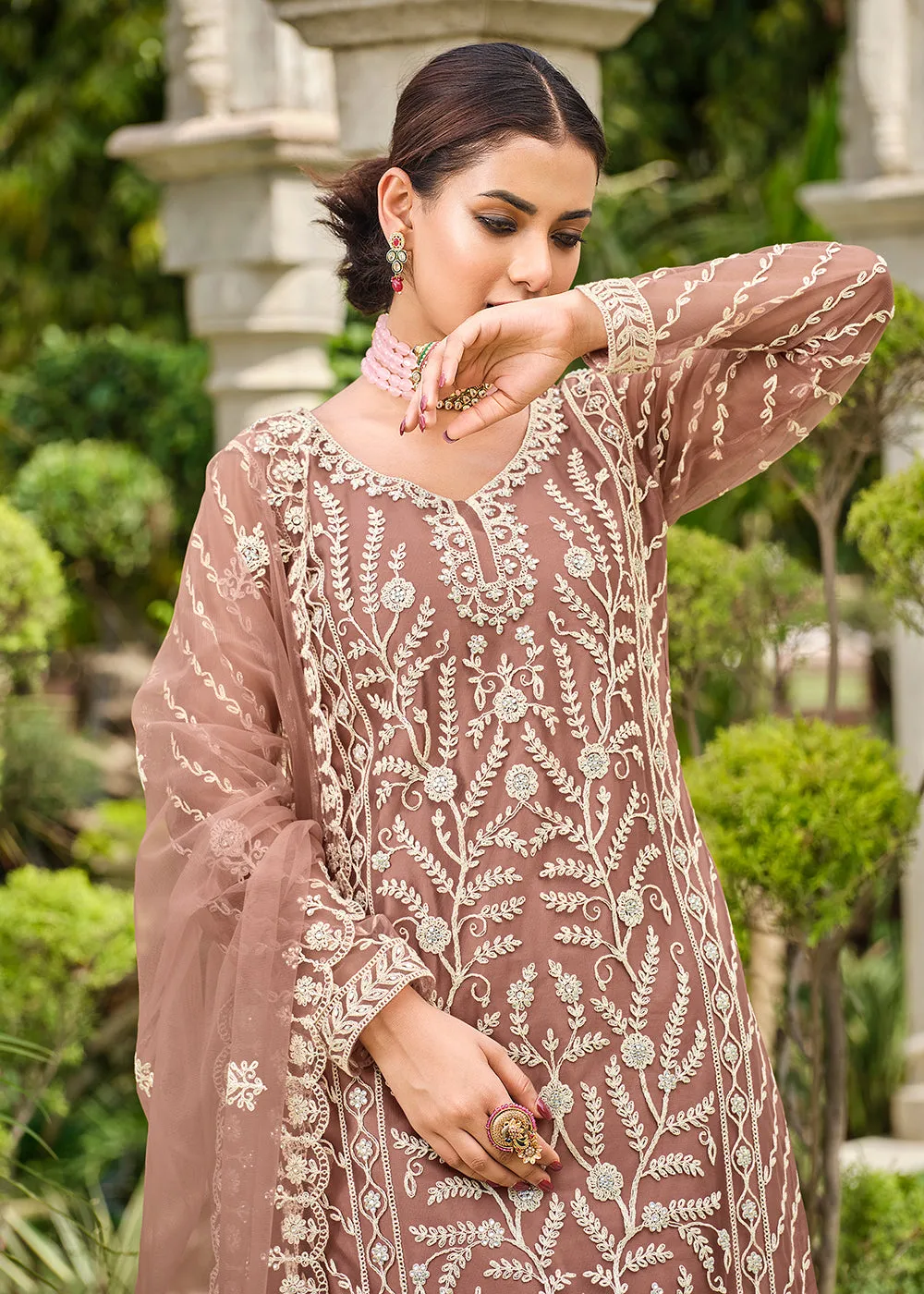 Copper Brown Stone & Cording Work Festive Palazzo Suit