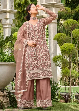 Copper Brown Stone & Cording Work Festive Palazzo Suit