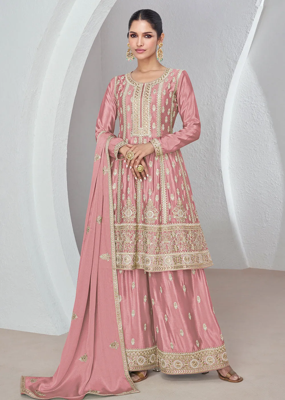 Coral Pink Chinnon Silk Wedding Festive Palazzo Dress