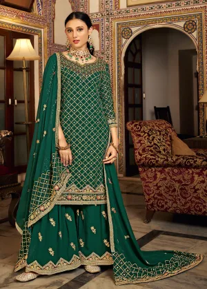 Dark Green Embroidered Designer Festive Palazzo Suit