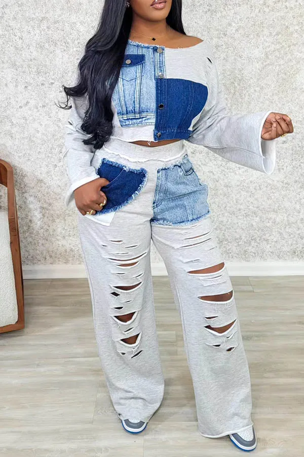 Denim Patchwork Sweatshirt & Ripped Pants Set