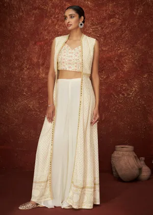 Designer Pearl White Crop Top Wedding Palazzo Suit With Shrug