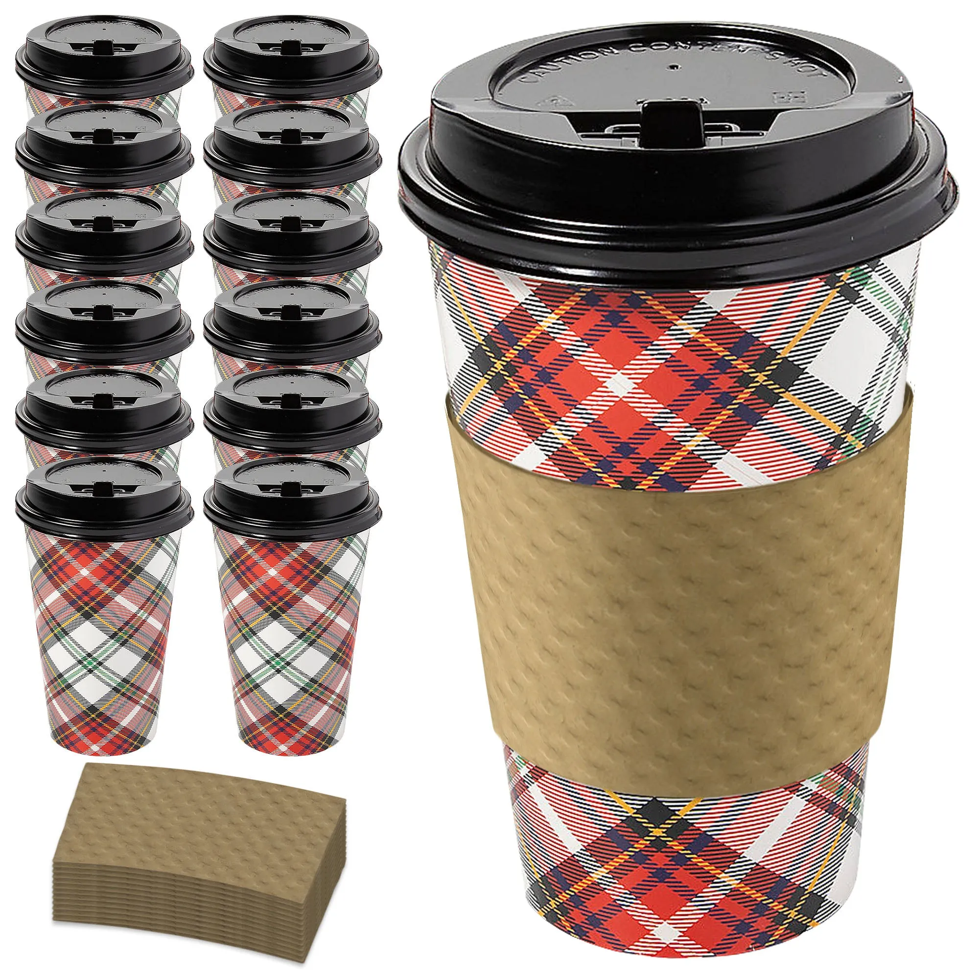 Disposable Coffee or Hot Chocolate Cups and Lids in Christmas Plaid Design (12-ct with Blank Kraft Sleeves)