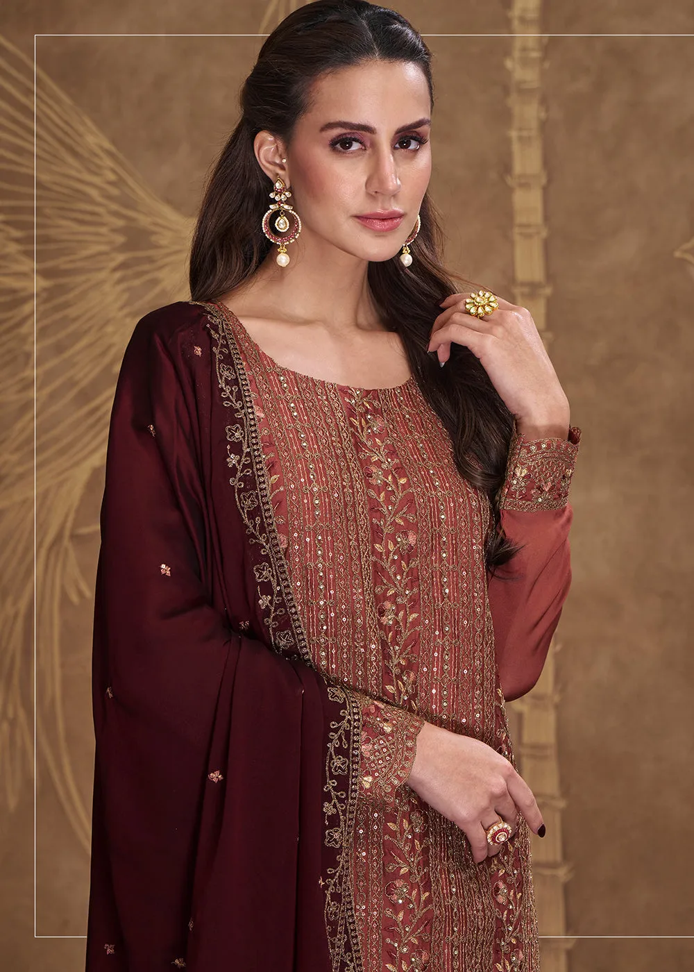 Dreamy Red Embroidered Art Silk Festive Pant Style Suit