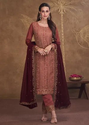 Dreamy Red Embroidered Art Silk Festive Pant Style Suit