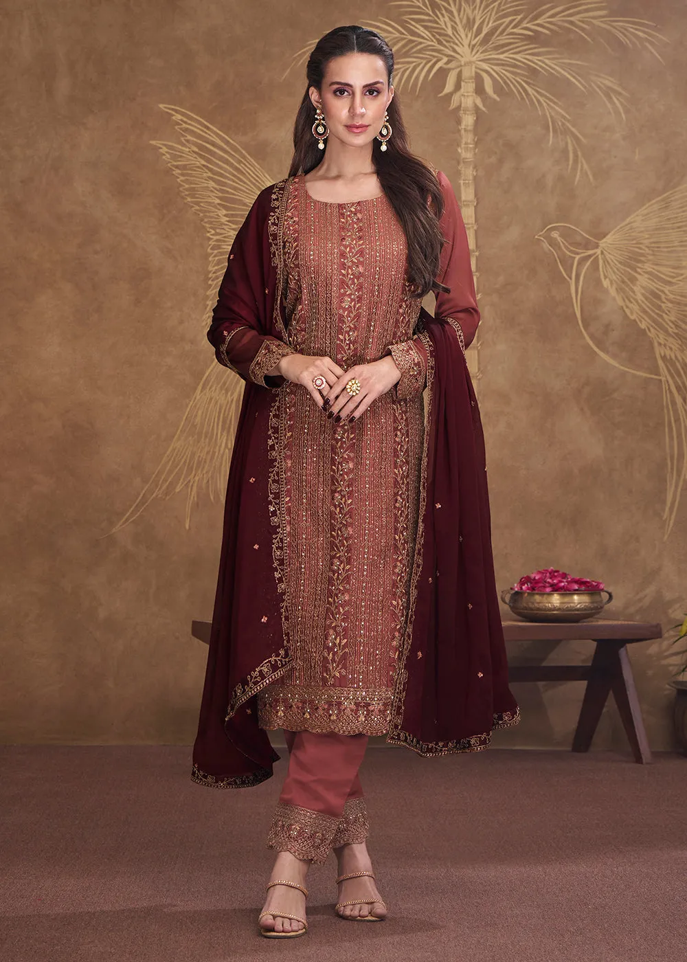 Dreamy Red Embroidered Art Silk Festive Pant Style Suit