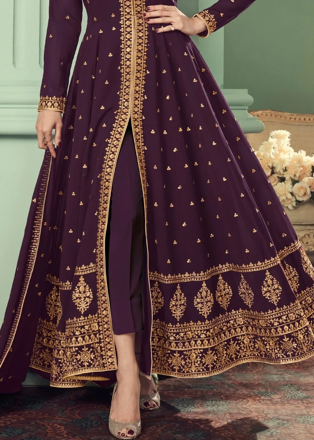 Eggplant Purple Georgette Anarkali Suit with Heavy Embroidery work