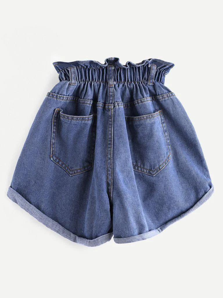 Elastic Waist Ripped Denim Shorts