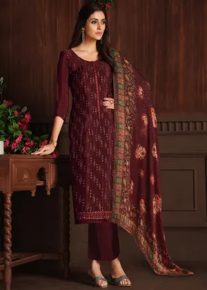 Embroidered Maroon Chinnon Festive Salwar Suit