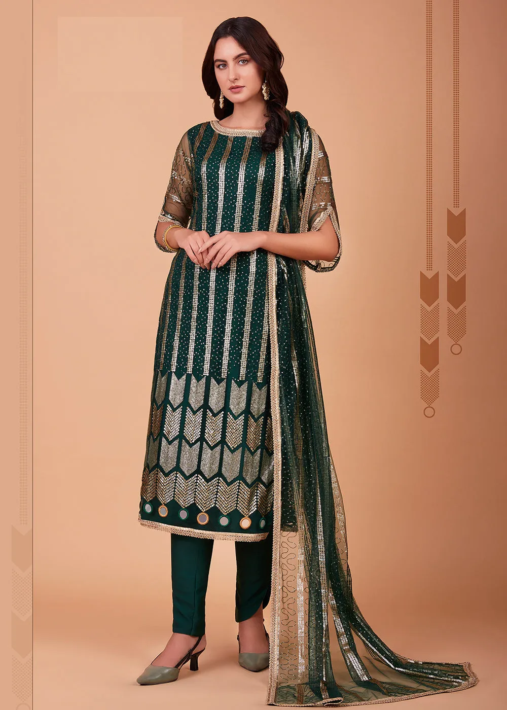 Enchanting Green Tone to Tone Thread Net Salwar Kameez