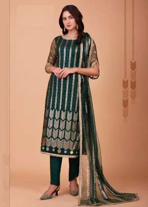 Enchanting Green Tone to Tone Thread Net Salwar Kameez