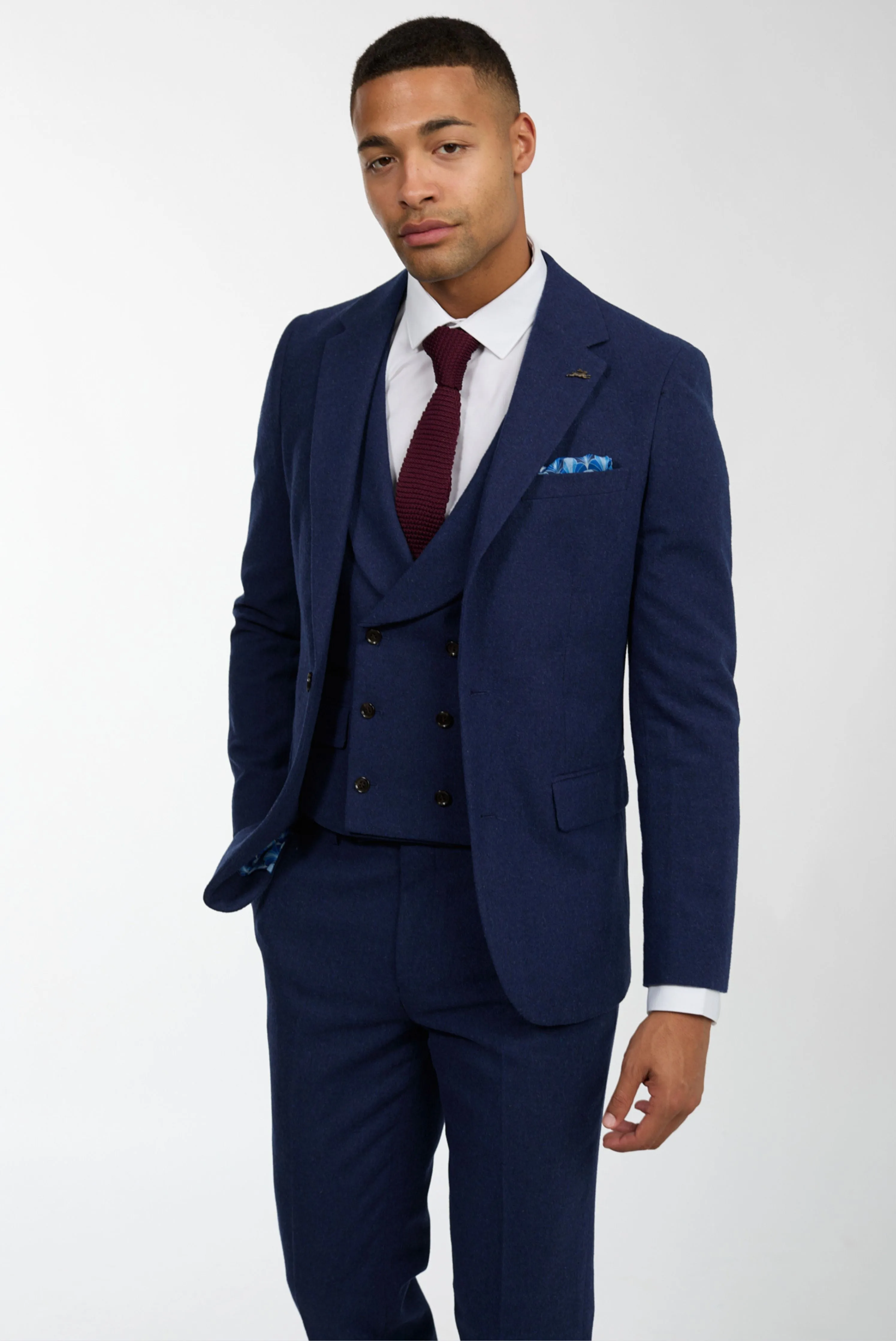 Eton Wool Tweed Three Piece Slim Fit Suit in Navy