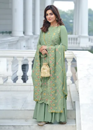 Exclusive Embroidered Green Chinon Palazzo Salwar Suit