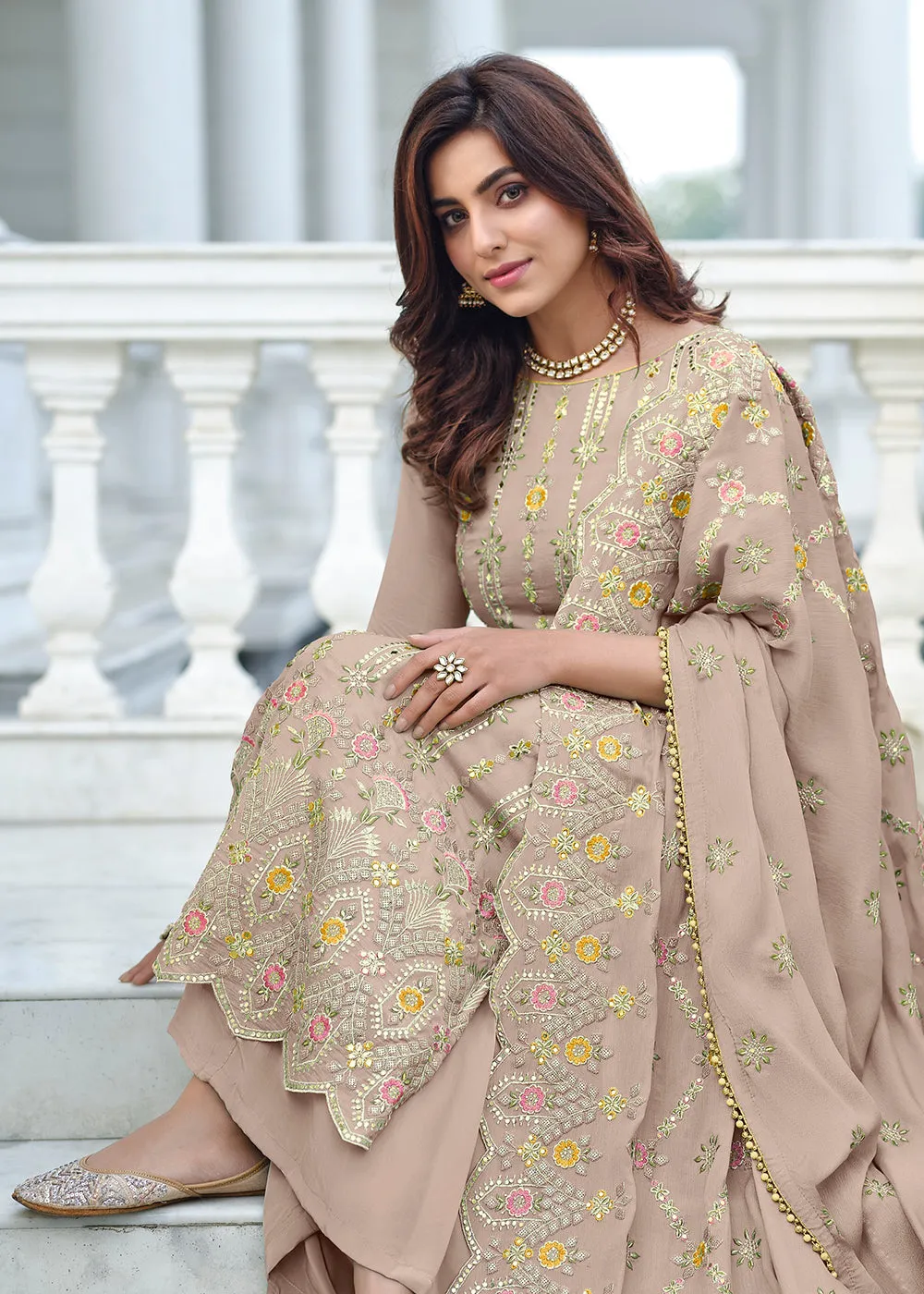 Exclusive Embroidered Grey Chinon Palazzo Salwar Suit