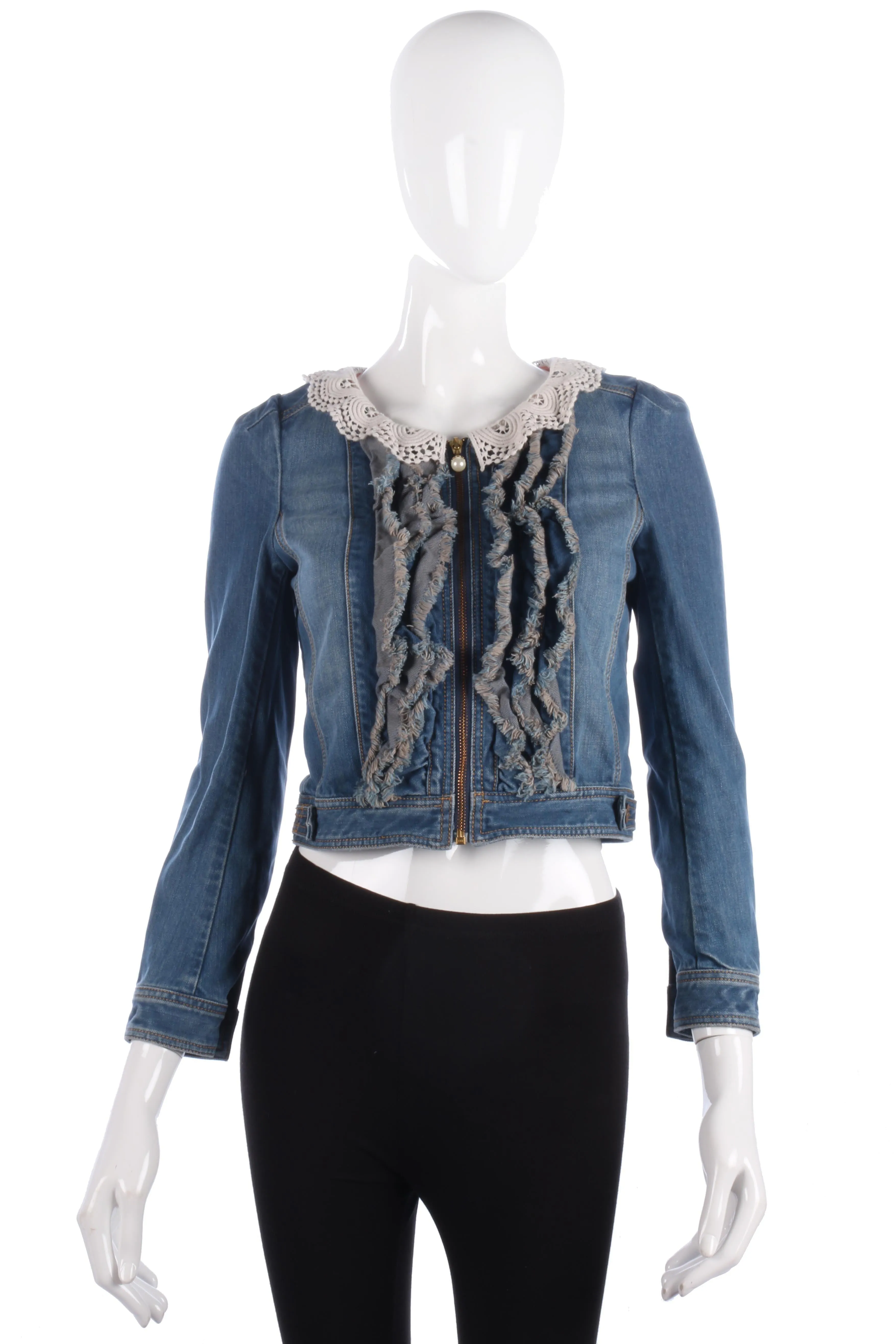 Fabulous Ochirly Blue Denim Jacket with Crotchet Collar Size S