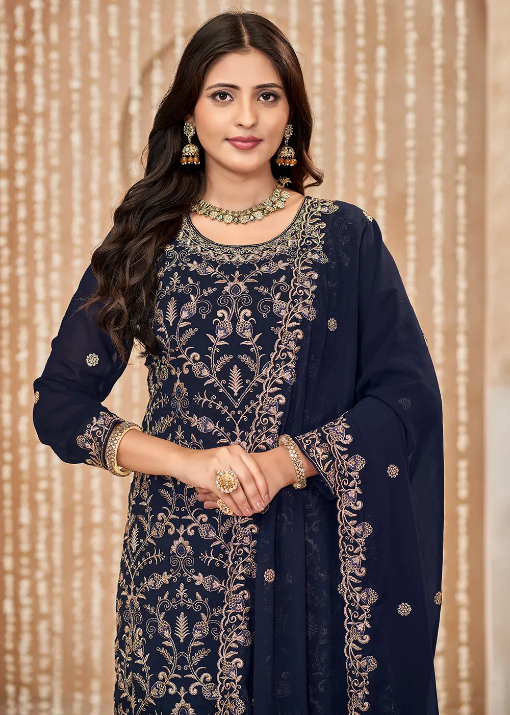 Festive Style Blue Zari Embroidered Salwar Suit