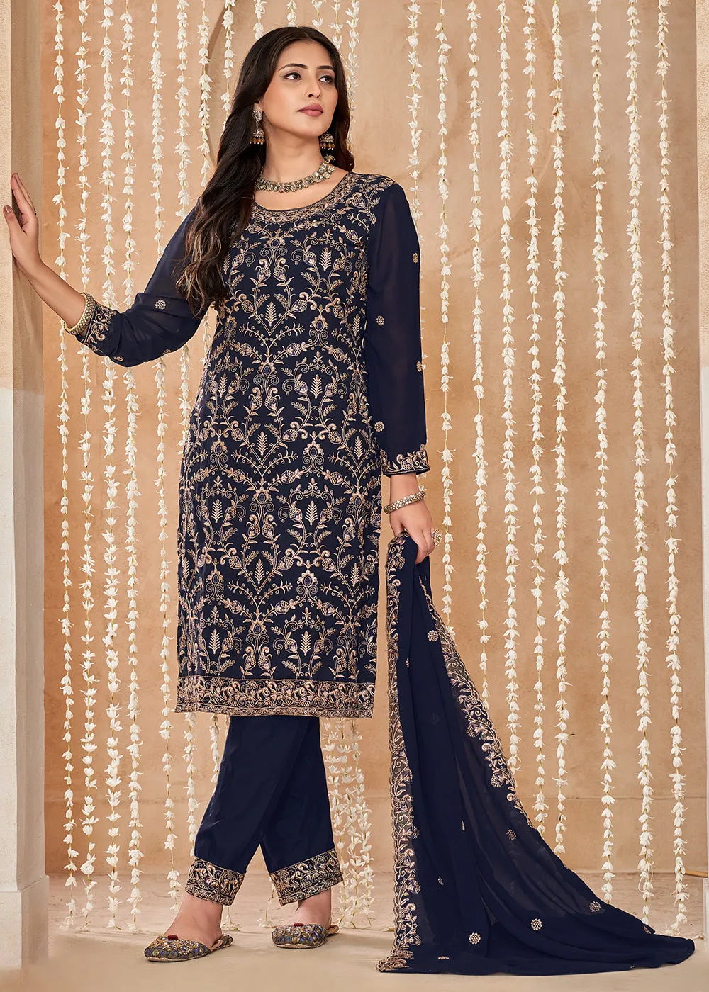 Festive Style Blue Zari Embroidered Salwar Suit