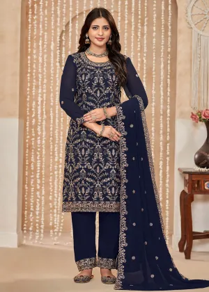 Festive Style Blue Zari Embroidered Salwar Suit