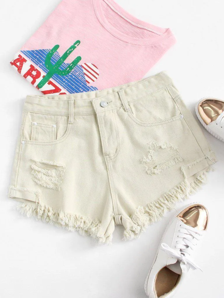 Frayed Hem Ripped Denim Shorts