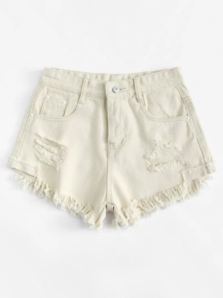 Frayed Hem Ripped Denim Shorts