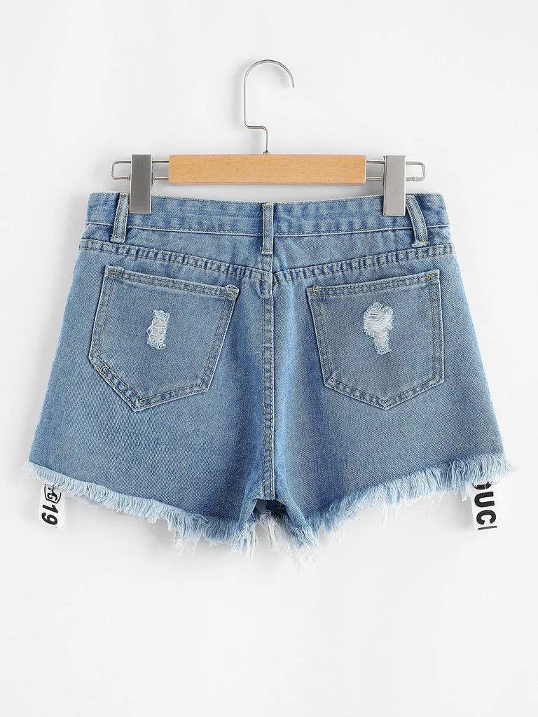 Frayed Hem Ripped Letter Denim Shorts